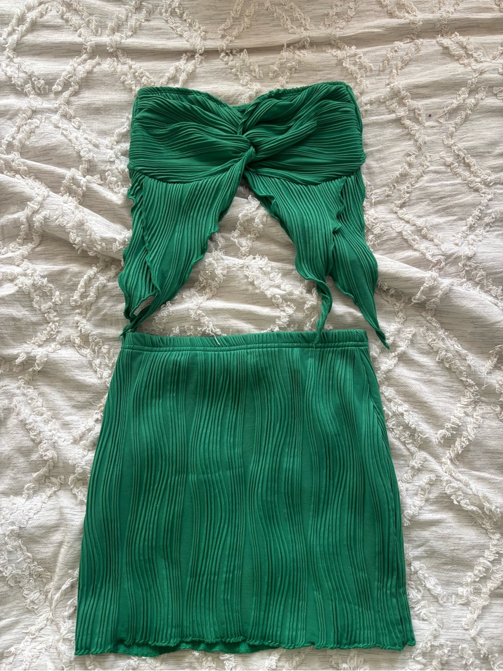 SHEIN Emerald Green Ribbed Pleated Mini Skirt Set